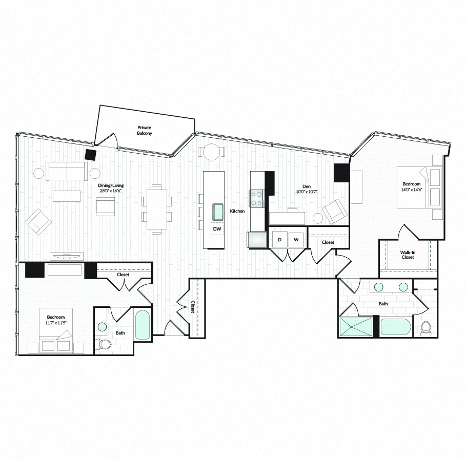 Floor plan for 2 beds, 2.5 baths, 1796 sqft